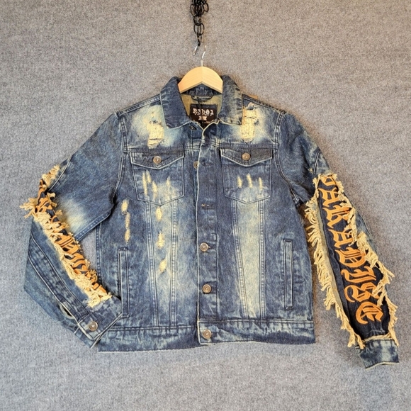 Distressed Blue Jean Jacket with Tan Accents‎ - Picture 1 of 10